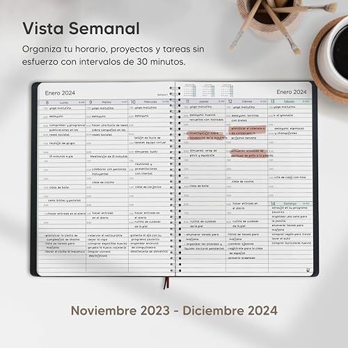 Smart Panda Agenda 2024 con Vista Semanal – A4 Agenda 2024 Semana Vista – Planificador Semanal, Diario Espiral - Tapa Blanda, Intervalos de 30 minutos - Calendario Anual A4, en Español