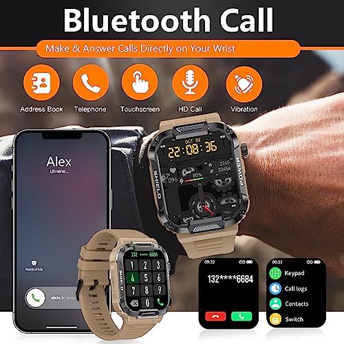 Smartwatch Hombre Militar con Llamadas Bluetooth Reloj Inteligente Hombre con Podómetro Frecuencia Cardíaca Sueño Pulsometro 110+ Modos Deportivo Reloj de Impermeable IP68 para iOS Android (Giallo)