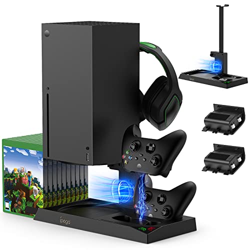 Soporte de refrigeración vertical para consola Xbox Series X – estación de carga de doble controlador con 2 baterías de 1400 mAh y organizador de almacenamiento para juegos y soporte para auriculares