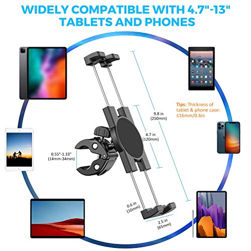 Soporte para tableta Spin Bike, soporte para iPad para teléfono, soporte para manillar de bicicleta estática, cinta de correr, soporte para micrófono, apto para iPad Pro, Air, Mini, Galaxy Tab 4,7-13"