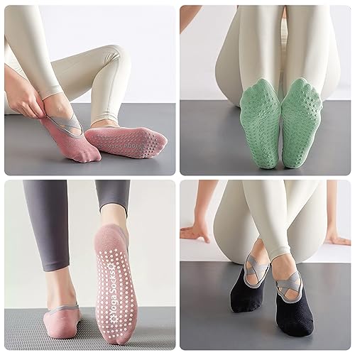 Sporgo 5 pares de calcetines de yoga: calcetines antideslizantes para mujer, calcetines de pilates, calcetines coloridos para mujer, calcetines para yoga, pilates, ejercicios en casa y calcetines de