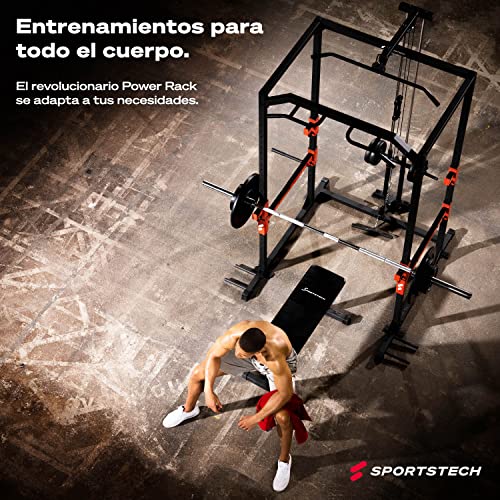 Sportstech Power Rack + Barra de Dominada, Barra de Dips, 2X Poleas + Mosquetón y Espaldera | Soporte para pesas | Jaula de musculación en casa: Fitness y deporte en casa- Jaula de fuerza | FPR300/350