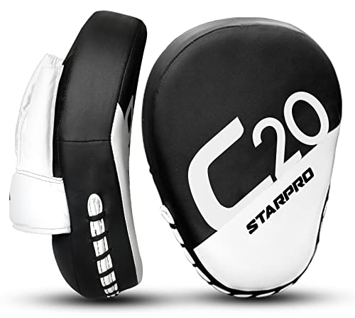 Starpro C20 Manoplas Boxeo curvadas de Cuero sintético - Almohadillas de Entrenamiento de Boxeo Muay Thai MMA Kick Boxing Artes Marciales - Negro y Blanco