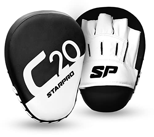 Starpro C20 Manoplas Boxeo curvadas de Cuero sintético - Almohadillas de Entrenamiento de Boxeo Muay Thai MMA Kick Boxing Artes Marciales - Negro y Blanco