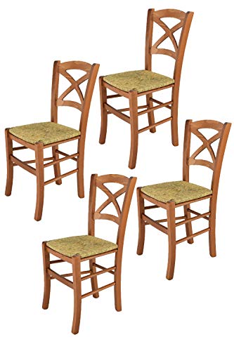 t m c s Tommychairs - Set 4 sillas Cross para Cocina y Comedor, Estructura en Madera de Haya Color Cerezo y Asiento en Paja