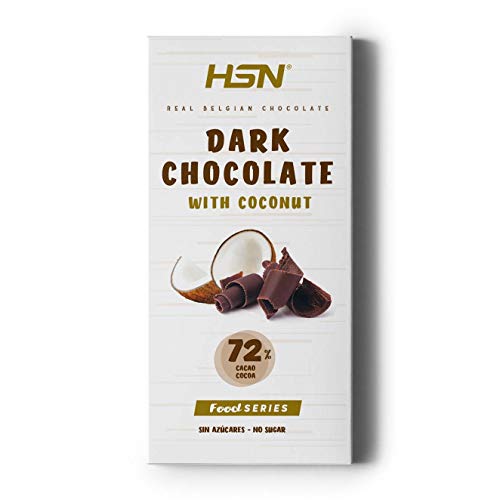 Tableta de Chocolate con Coco de HSN | Dark Coconut Chocolate | 72% Cacao y 5% Coco | Snack Fitness Saludable | Vegetariano, Sin Azúcar, Sin Gluten, Sin Aceite de Palma, Sin Grasa Trans, 100g