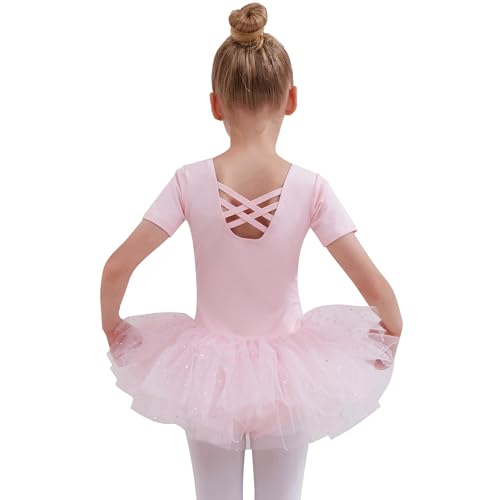 Tancefair Ropa de ballet para niños, vestido de ballet, de algodón, manga corta, maillot de ballet, vestido de danza, body con lentejuelas, falda tutú, Rosa., 120 cm