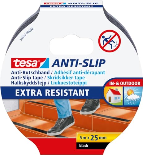 tesa Cinta Antideslizante - Cinta Adhesiva Antideslizante para Interiores y Exteriores - Ideal para Escalones, Rampas y Suelos Resbaladizos - Negro - 5 m x 25 mm