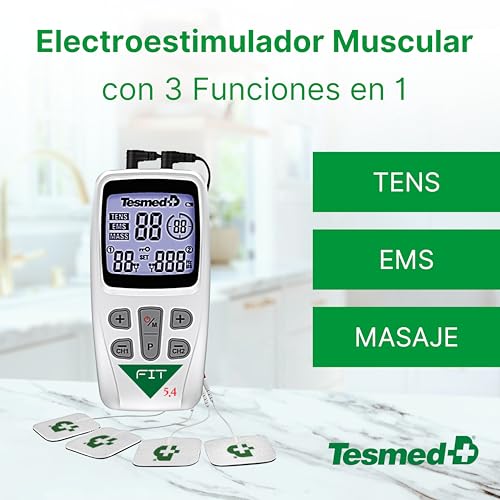 TESMED Fit Electroestimulador Muscular para EMS, TENS, Masaje (3 en 1), 22 Programas de los cuales 6 Personalizables, Aliviar el Dolor y Estimular Abdominales, Glúteos, Pectorales