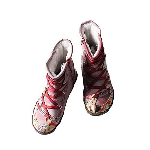 TMA EYES Costura de Mano Empalmada botas Femeninas de Invierno de Fondo Plano(Rojo,41)