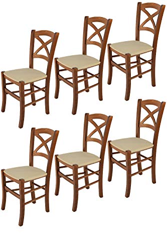 Tommychairs - Set 6 sillas Cross para Cocina y Comedor, Estructura en Madera de Haya Color Nuez Claro y Asiento tapizado en Tejido Color cáñamo