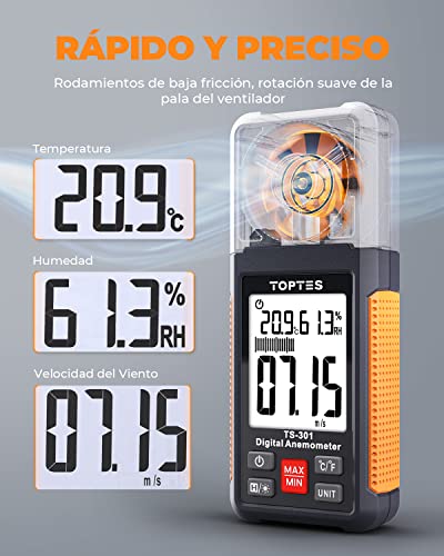 TopTes TS-301 Anemómetro Digital Pantalla LCD de 2,26 pulgadas Medidor de Velocidad del Aire del Viento con Retroiluminación para Navegación, Kitesurf, Surf, Marina, Pesca - Naranja