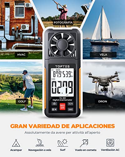 TopTes TS-301 Anemómetro Digital Pantalla LCD de 2,26 pulgadas Medidor de Velocidad del Aire del Viento con Retroiluminación para Navegación, Kitesurf, Surf, Marina, Pesca - Naranja