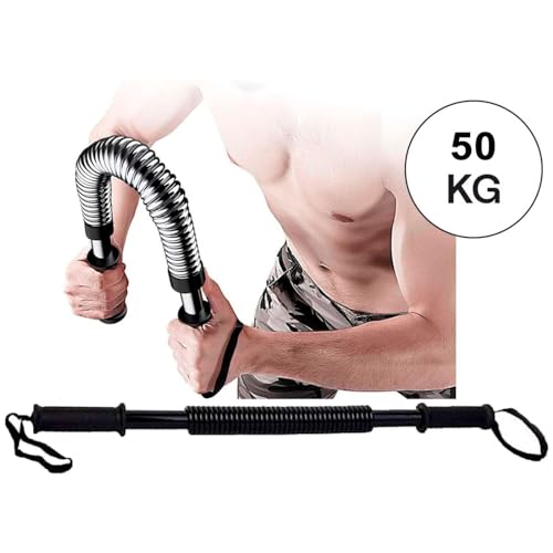 Tradineur - Barra de musculación 50 kg, barra flexible de ejercicio de resistencia, máquina entrenamiento de brazo y pectorales, fitness, muelles de acero, antideslizante, 59 x 4 cm, color aleatorio