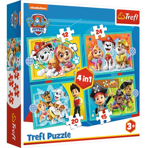 Trefl- Das lustige Team Von Paw Patrol 12 a 24 Piezas, 4 Conjuntos, para niños a Partir de 3 años Puzzle, Color Feliz Equipo, Patrulla Canina