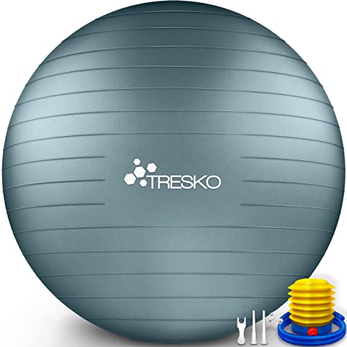 TRESKO® Pelota de Gimnasia Anti-Reventones | Bola de Yoga Pilates y Ejercicio | Balón para Sentarse | Balon de Ejercicio para Fitness | 300 kg | con Bomba de Aire (Cool Grey Blue, 65cm)