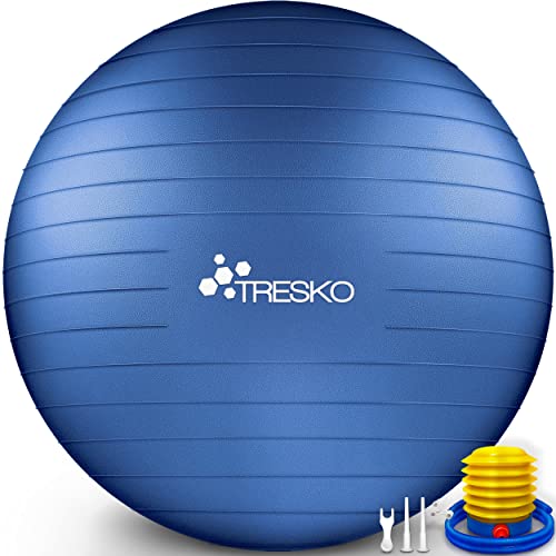 TRESKO® Pelota de Gimnasia Anti-Reventones | Bola de Yoga Pilates y Ejercicio | Balón para Sentarse | Balon de Ejercicio para Fitness | 300 kg | con Bomba de Aire (Azul índigo, 55cm)