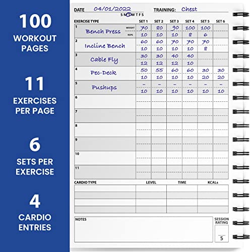 Ultimate Gym - Cuaderno de registros de entrenamiento, XL A5, agenda de ejercicios y entrenamiento, 100 páginas con ejercicios de cardio y notas, establecer objetivos y seguir el progreso - (azul)