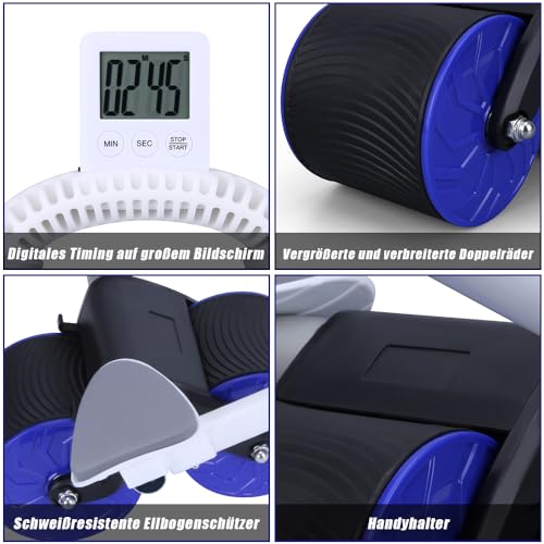 UMIKK Rodillo abdominal para abdominales, AB Wheel Roller,rodillo abdominal 4D con soporte para codos,equipo de entrenamiento con ruedas dobles estables,Azul(con temporizador)