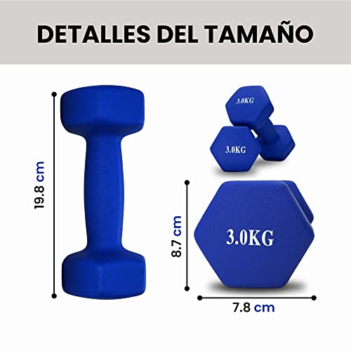 unycos - Par de Mancuernas y Pesas Antideslizantes de Neopreno, Disponibles de 1kg a 10kg con Diseño Anti-Rodadura, Ergonómicas, Entrenamiento de Fuerza/Fitness (Hexagonales, Azul 3 kg)