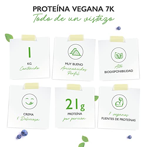 Vegan 7K Protein - 1kg - Vainilla Grosella Negra - Proteína vegetal pura en polvo con proteínas de arroz, almendra, soja, guisante, cáñamo, arándano y girasol
