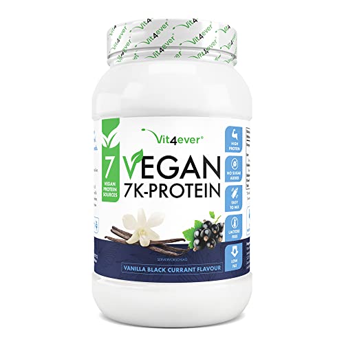 Vegan 7K Protein - 1kg - Vainilla Grosella Negra - Proteína vegetal pura en polvo con proteínas de arroz, almendra, soja, guisante, cáñamo, arándano y girasol