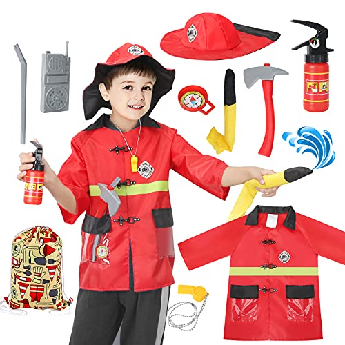 Veluoess Disfraz de Bombero Juego, Disfraz de Bombero para Niños Lavable con Bomberos Juguete Extintor y Bolsa de Almacenamiento con Cordón para Niños 3+