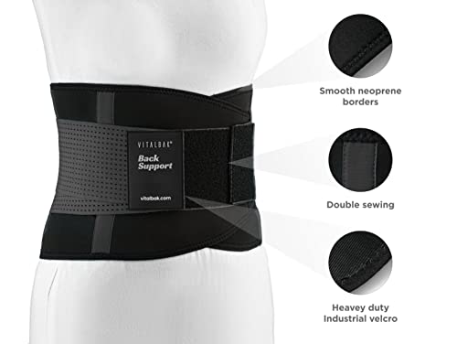 Vitalbak Faja Lumbar Hombre y Mujer - Alivia el Dolor y Las Lesiones en Cintura y Espalda - Cinturón Lumbar con Doble Ajuste - Gratis Bolsa de Transporte (M - 62 a 82 cm, Negro)