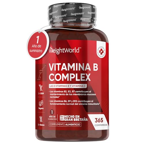Vitamina B Complex con Vitamina C - 365 Comprimidos | Vitaminas 1 Año - Complejo B con Vitamina B1, B2, Vitamina B3, B5, B6, B8, B9, Vitamina B12 y Ácido Fólico | Apto para Veganos