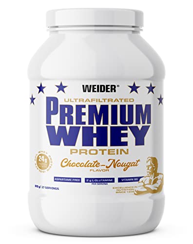Weider Premium Whey Protein (810g). Sabor Chocolate-Nougat. Proteínas de Concentrado + 20% de Aislado de Proteina de Suero de Leche (CFM). Con L-Glutamina y Vitamina B6. Sin aspartamo.