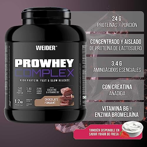 Weider ProWhey Complex (1,2kg) Sabor Chocolate Fondant. Proteínas de Concentrados y Aislados de Lactosuero + Caseína micelar, Con 3,4g BCAA/porción, Creatina, L-Glutamina, MCT, Vitamina B6, Bromelaína