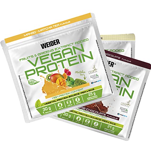 Weider-Vegan Protein- Proteína 100% vegetal de guisantes (PISANE) y arroz. Sin gluten. Sin lactosa. Sin aceite de palma (18 sobres de 30g). Pack Multisabor