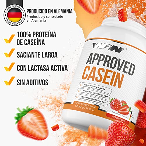 WFN Approved Casein - Fresa - 1 kg - Proteína de caseína con lactasa - Proteína cremosa en polvo - Muy soluble - 33 porciones - Fabricado en Alemania - Probado en laboratorio externo