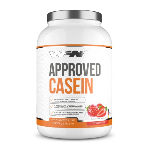 WFN Approved Casein - Fresa - 1 kg - Proteína de caseína con lactasa - Proteína cremosa en polvo - Muy soluble - 33 porciones - Fabricado en Alemania - Probado en laboratorio externo