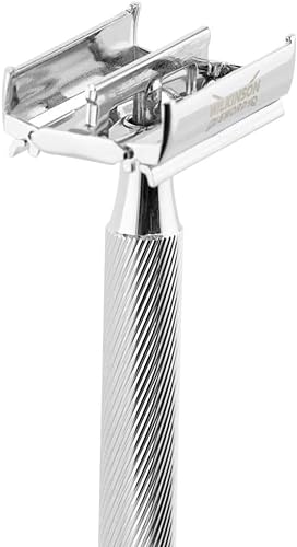 Wilkinson Sword Classic Premium - Máquina de Afeitar Vintage de Acero Cromado para Hombre + 5 Hojas de Afeitar de Doble Filo, Afeitado Clásico Manual, Gris