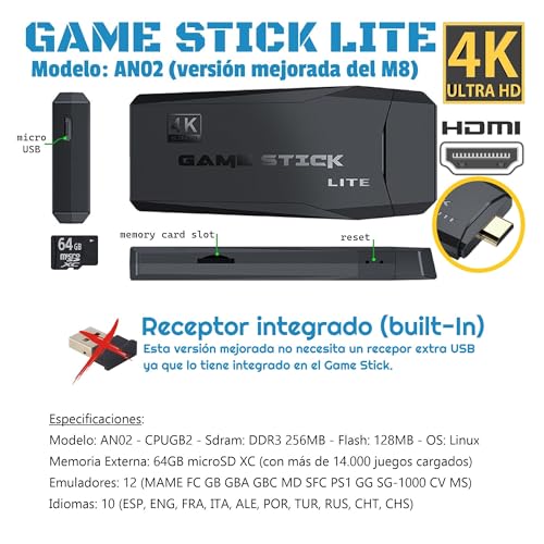 WOLFSIDE Consola Retro 14000 Juegos HDMI 4K 64GB Inalambrica, Game Stick, Maquina Arcade, Emulador Consola Retro Portatil, Videoconsolas MAME