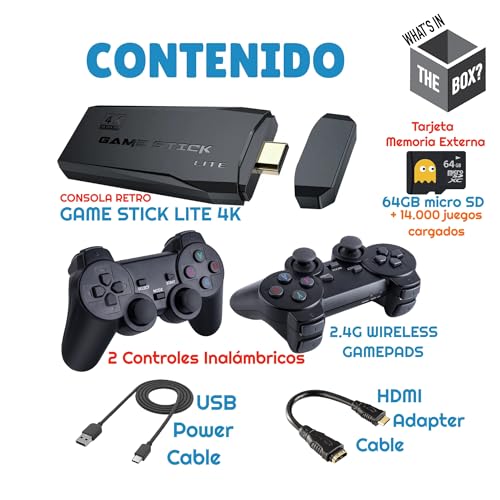 WOLFSIDE Consola Retro 14000 Juegos HDMI 4K 64GB Inalambrica, Game Stick, Maquina Arcade, Emulador Consola Retro Portatil, Videoconsolas MAME