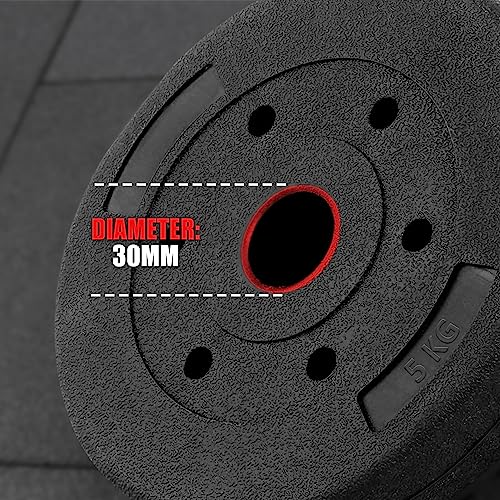 wuuhoo® placas de peso de cemento Mike 30mm, juego 20kg - 30kg, revestido en negro, 1,25, 2,5, 5, 10 kg, placas de peso de plástico para pesas, fitness en casa - Set 5-20kg