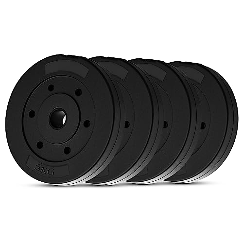 wuuhoo® placas de peso de cemento Mike 30mm, juego 20kg - 30kg, revestido en negro, 1,25, 2,5, 5, 10 kg, placas de peso de plástico para pesas, fitness en casa - Set 5-20kg
