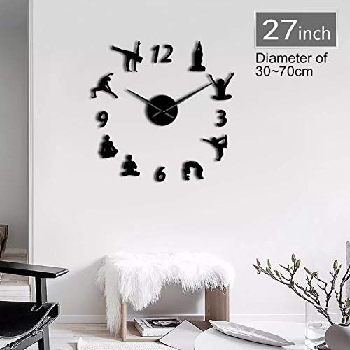 xinxin Reloj de Pared DIY 3D Yoga Time Mirror Gran número Reloj de Pared Adhesivo Deporte sin Marco DIY Reloj de Pared Gigante Fitness Reloj Moderno Decoración