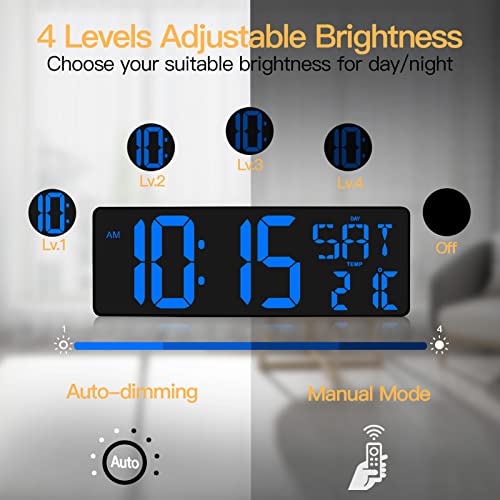 XREXS Reloj de Pared Digital con Control Remoto, 16,5'' Reloj LED Grande, Reloj Despertador con Brillo Ajustable, con Hora/Fecha/Temperatura (Azul)