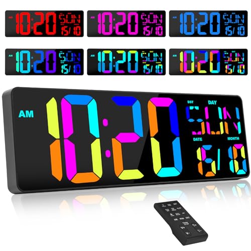 XREXS Reloj Digital Pared Grande con Cambio de Color RGB, 17'' Reloj de Pared Digital LED Brillo Ajustable, Reloj Pared Digital con Control Remoto, Temperatura/Alarma/Fecha/Día (8 Idiomas)/Alarma/DST