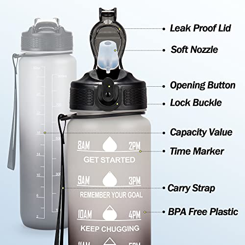 YC Kitchen Botella de Agua Motivacional de 1 Litro Con Marcador de Tiempo, Botellas de Agua Deportivas Sin BPA a Prueba de Fugas Con Pajita y Correa de Transporte