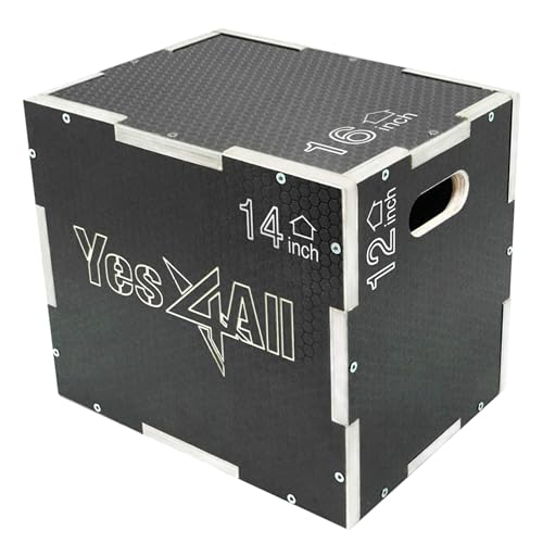 Yes4All Caja pliométrica de madera antideslizante 3 en 1, caja pliométrica para gimnasio en casa y entrenamiento al aire libre, 16 pulgadas, 14 pulgadas, 12 pulgadas, color negro