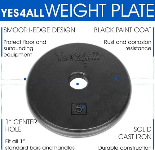 Yes4All Placas de peso de hierro fundido de 1 pulgada para mancuernas – Placas de disco de peso estándar (5 libras, individual)