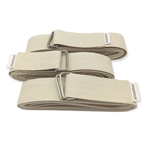 Yoga Cinturón 100% algodón orgánico [Pack 3 unidades] Correa yoga gruesa y suave para estiramientos – Cinturón de Yoga con doble cierre metálico [250 x 4 cm] – Hecho a mano en Barcelona