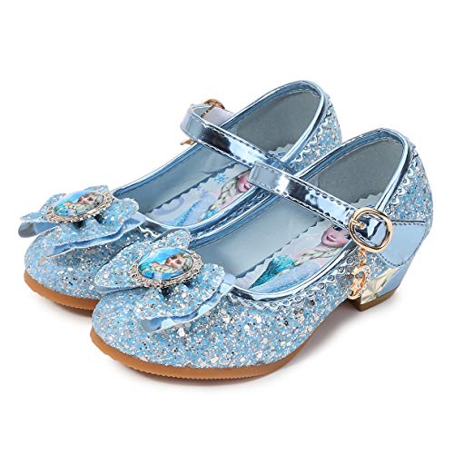 YOSICIL Disfraz Princesa Zapatos Frozen Elsa Zapatos de Lentejuelas Antideslizante Niñas Zapatos de Tacón Velcro Zapatillas de Baile para Vestir Fiesta Cumpleaños Boda Infantil 3-14 Años,Azul 25