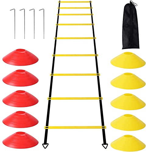 YSBER Agility Ladder - Escalera de entrenamiento de fútbol (6 M-12 peldaños, escalera de plástico pesada, 10 conos y 4 estacas, utilizada para entrenamiento de fútbol, tenis y boxeo)
