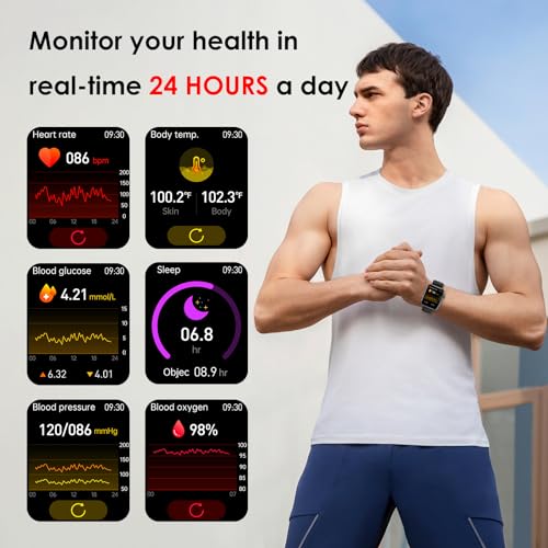 YYKY 1.96" Smartwatch Hombre Mujer [Prueba de ECG] Diabético Reloj de Glucosa en la sangre [Puede llamar] Temperatura/SpO2/Glucemia/Presión arterial/Impermeabil IP68 Watch, para Android iOS
