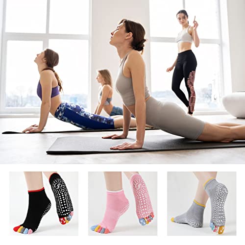 ZAKASA Calcetines Pilates Mujer Antideslizantes: Calcetines de Yoga de Cinco Dedos Calcetines de Algodón Deportivos con 5 Dedos Separados Mujer para Ballet Fitness Talla 39-43 Círculo-3 Pares